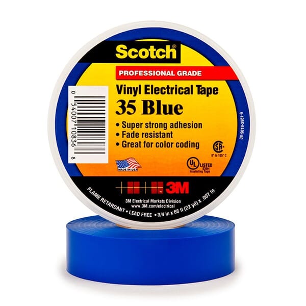 Scotch 7000006095 Color Coding Tape, 66 ft L x 3/4 in W, 7 mil THK, PVC, Rubber Resin Adhesive, Blue