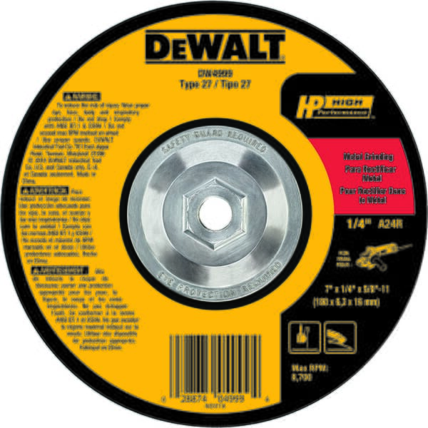 DeWALT High Performance Guaranteed Tough DW4999 Flat Depressed Center Grinding Wheel, 7 in Dia x 1/4 in THK, 24 Grit, Aluminum Oxide Abrasive