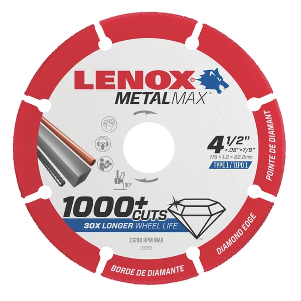 Lenox METALMAX 1972921 Cut-Off Wheel, 4-1/2 in Dia Blade, 7/8 in Arbor/Shank