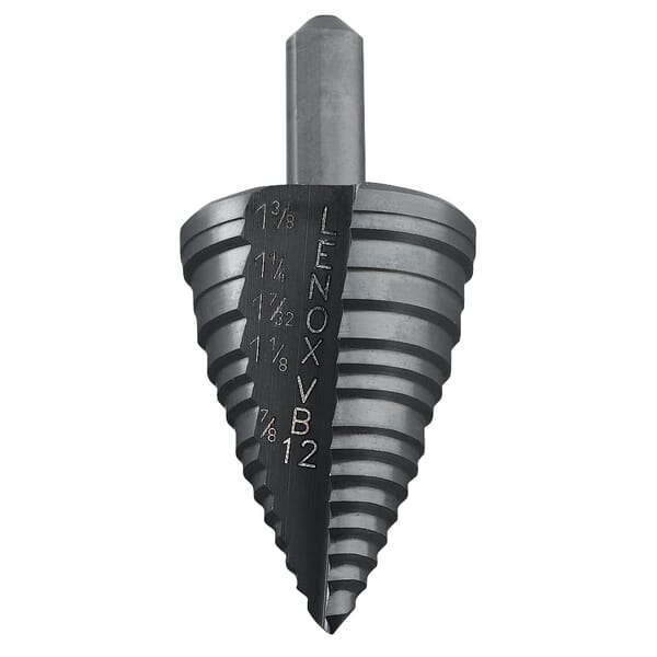 Lenox 30912VB12 Step Drill Bit, 7/8 in Dia Min Hole, 1-3/8 in Dia Max Hole, 5 Steps, HSS, 5 Hole Sizes, 3/8 in Shank