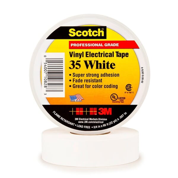 Scotch 7000006097 35 Series Color Coding Tape, 66 ft L x 3/4 in W, 7 mil THK, PVC, Rubber Adhesive, White
