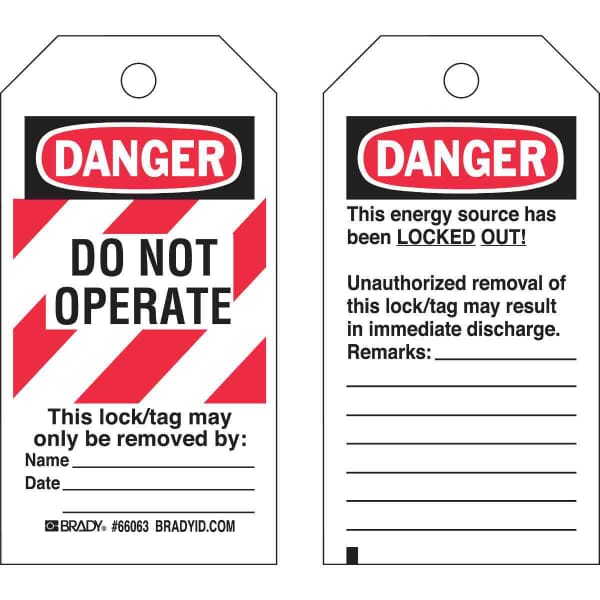 Brady 66063 Rectangular Self-Laminating Lockout Tag, 5-3/4 in H x 3 in W, Black/Red on White, 3/8 in Hole, B-851 Polyester