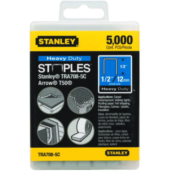 Stanley TRA708-5C TRA700 Heavy Duty Narrow Crown Staples, 1/2 in L Leg, Chisel Point, 27/64 in W Crown, Steel