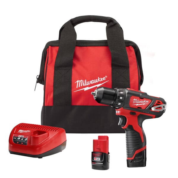 Milwaukee M12 2407-22 Compact Lightweight Cordless Drill/Driver Kit, 3/8 in Chuck, 12 VDC, 0 to 400/0 to 1500 rpm No-Load, 7-3/8 in OAL, Lithium-Ion Battery