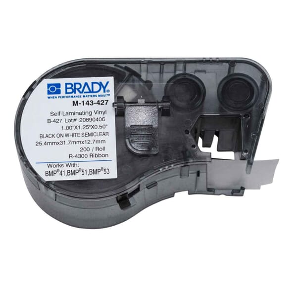 Brady M-143-427 M Series Rectangular Label Marker Cartridge, 1-1/4 in L x 1/2 in W, For Use With BMP 41, BMP 51 and BMP 53 Label Makers, B-427 Vinyl, Black on Clear/White
