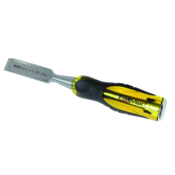 Stanley FatMax Thru-Tang 16-978 Bi-Material Short Blade Wood Chisel, 1 in High Carbon Chrome Alloy Steel Beveled Tip, 9 in OAL, 1 in W Blade, Acetate/Rubber Handle