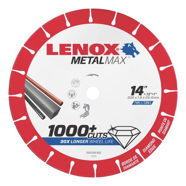 Lenox METALMAX 1972929 Cut-Off Wheel, 14 in Dia Blade, 1 in Arbor/Shank