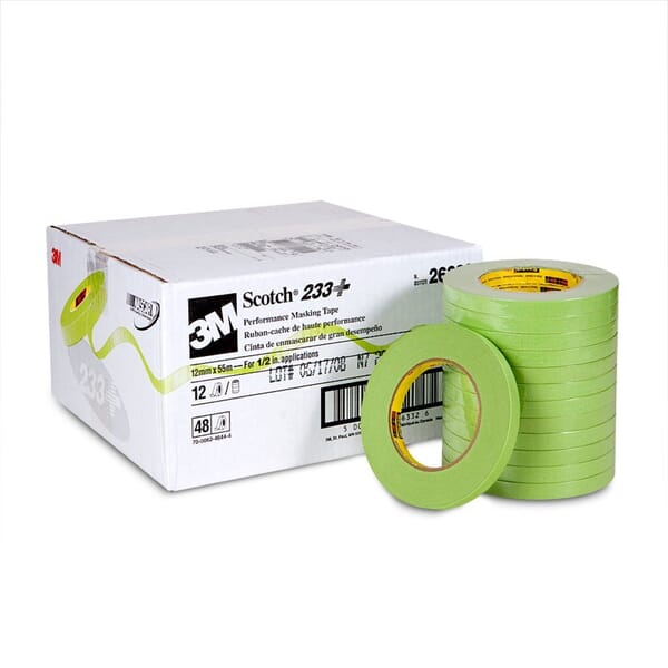 Scotch 7000048803 233+ High Performance Adhesive Tape, 55 m L x 12 mm W, 6.6 mil THK, Rubber Adhesive, Crepe Paper Backing