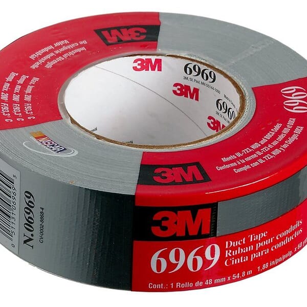 3M 7000001230 6969 Heavy Duty Tape, 60 yd L x 2 in W, 0.27 mm THK, Rubber Adhesive, Polyethylene Backing, Silver