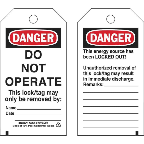 Brady 66050 Rectangular Self-Laminating Lockout Tag, 5-3/4 in H x 3 in W, Black/Red on White, 3/8 in Hole, B-851 Polyester