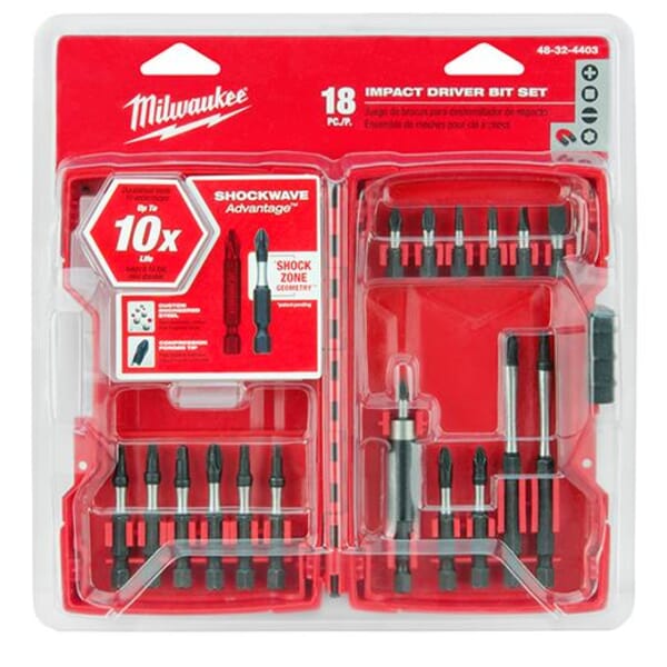 Milwaukee SHOCKWAVE Impact Duty 48-32-4403 18-Piece Driver Bit Set, #1, #2, #3, 3/16 in, T15, T20 Phillips/Slotted/Square/Torx Point, 1 in, 2 in, 3-1/2 in OAL, 1/4 in, Steel