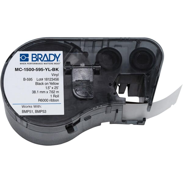 Brady MC-1500-595-YL-BK M Series Label Maker Cartridge, 25 ft L x 1-1/2 in W, For Use With BMP 53 and BMP 51 Label Maker, B-595 Vinyl, Black on Yellow