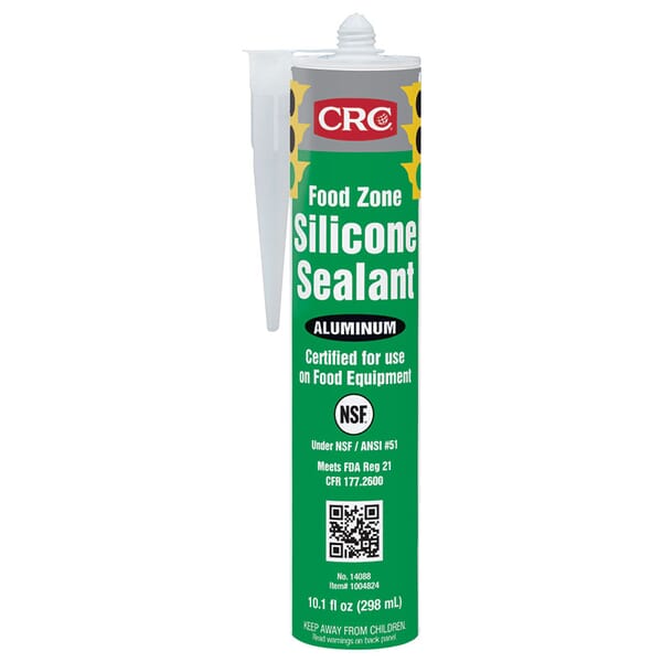 CRC 14088 Curing Food Zone Non-Flammable Silicone Sealant, 10.1 oz Cartridge, Aluminum, Hydroxyl-Terminated Polydimethylsiloxane, Silica Base