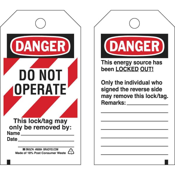 Brady 66064 Rectangular Self-Laminating Lockout Tag, 5-3/4 in H x 3 in W, Black/Red on White, 3/8 in Hole, B-851 Polyester