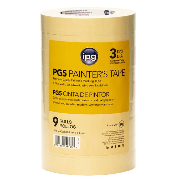 Intertape PG5...128R Medium-Grade Masking Tape, 54.8 m L x 24 mm W, 6.3 mil THK, Natural Rubber Resin Adhesive, Fine Crepe Paper Backing