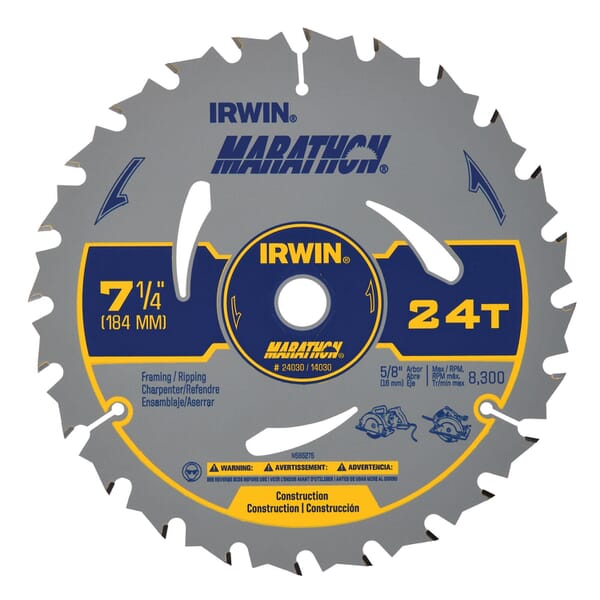 Irwin Marathon 14030 Construction Series Corded Portable Circular Saw Blade, 7-1/4 in Dia x 0.047 in THK, 5/8 in Arbor, 24 Teeth