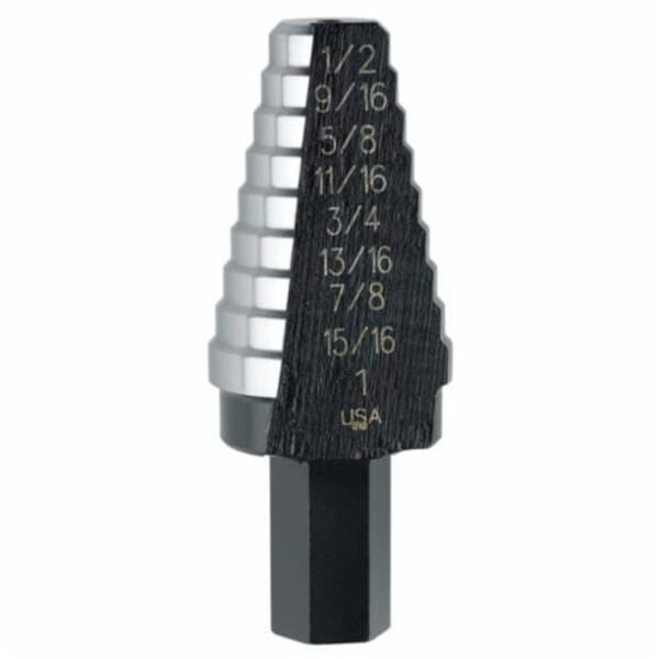 Irwin Unibit 10220 Hole Enlarging Step Drill Bit, 9/16 in Dia Min Hole, 1 in Dia Max Hole, 8 Steps, 8 Hole Sizes, 7/16 in Shank