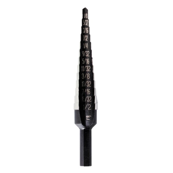 Irwin Unibit 10231 Step Drill Bit, 1/8 in Dia Min Hole, 1/2 in Dia Max Hole, 13 Steps, HSS, 13 Hole Sizes, 1/4 in Shank