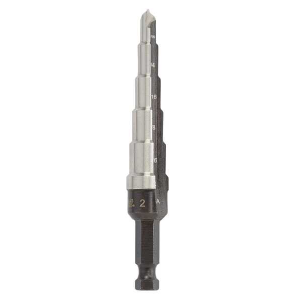 Irwin Unibit 10232 Self-Starting Step Drill Bit, 3/16 in Dia Min Hole, 1/2 in Dia Max Hole, 6 Steps, 6 Hole Sizes, 1/4 in Shank