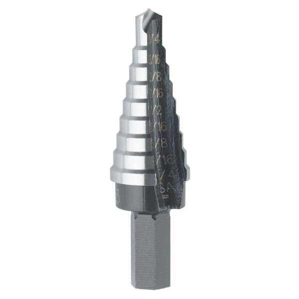 Irwin Unibit 10233 Self-Starting Step Drill Bit, 1/4 in Dia Min Hole, 3/4 in Dia Max Hole, 9 Steps, 9 Hole Sizes, 3/8 in Shank