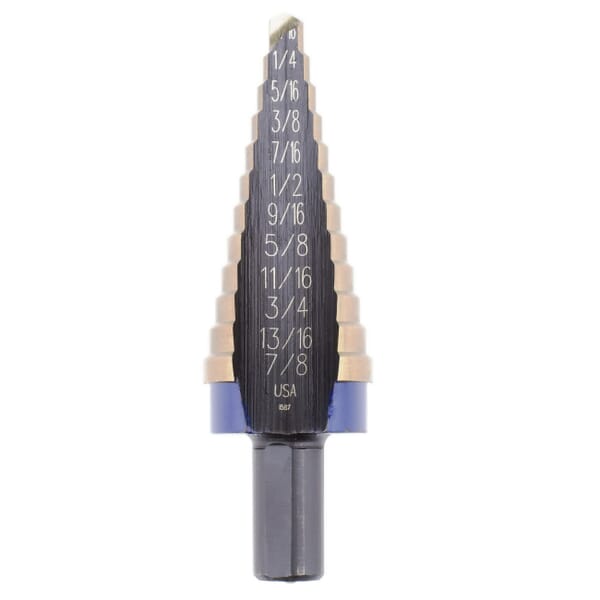 Irwin Unibit 10234SM Step Drill Bit, 3/16 in Dia Min Hole, 7/8 in Dia Max Hole, 12 Steps, HSS, 12 Hole Sizes, 3/8 in Shank