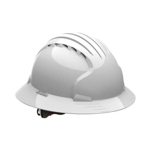 JSP 280-EV6161V-10 Evolution Deluxe 6151 Full Brim Vented Hard Hat, SZ 6-5/8 Fits Mini Hat, SZ 8 Fits Max Hat, ABS, 6-Point Suspension, ANSI Electrical Class Rating: Class E, ANSI Impact Rating: Type I, Ratchet Adjustment