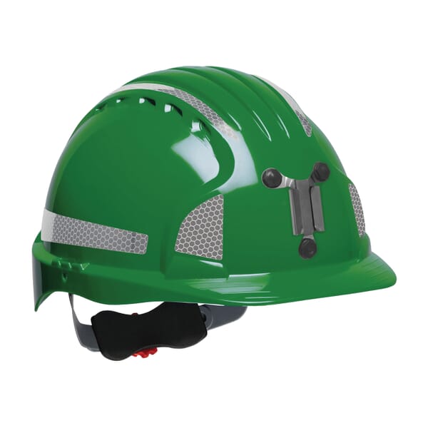 JSP Evolution 6151MCR2 Deluxe Non-Vented Standard Brim Mining Hard Hat With CR2 Reflective Kit, HDPE, 6-Point Polyester Strap Suspension, ANSI Electrical Class Rating: Class E, ANSI Impact Rating: Type I, Wheel Ratchet Adjustment