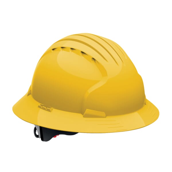 JSP Evolution 6161 Deluxe Full Brim Non-Vented Hard Hat, SZ 6-5/8 Fits Mini Hat, SZ 8 Fits Max Hat, HDPE, 6-Point Suspension, ANSI Electrical Class Rating: Class E, ANSI Impact Rating: Type I, Wheel Ratchet Adjustment