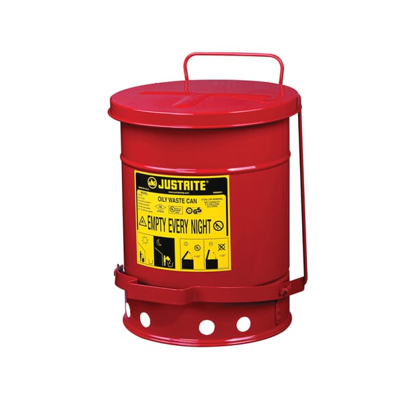 Justrite 09100 Foot Operated Oily Waste Can With Self-Closing Cover, 6 gal Capacity, 11-7/8 in Dia x 15-7/8 in H, Steel, Red