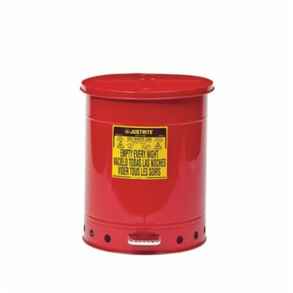 Justrite 09500 Foot Operated Oily Waste Can, 14 gal Capacity, 16-1/16 in Dia x 20-1/4 in H, Galvanized Steel, Red