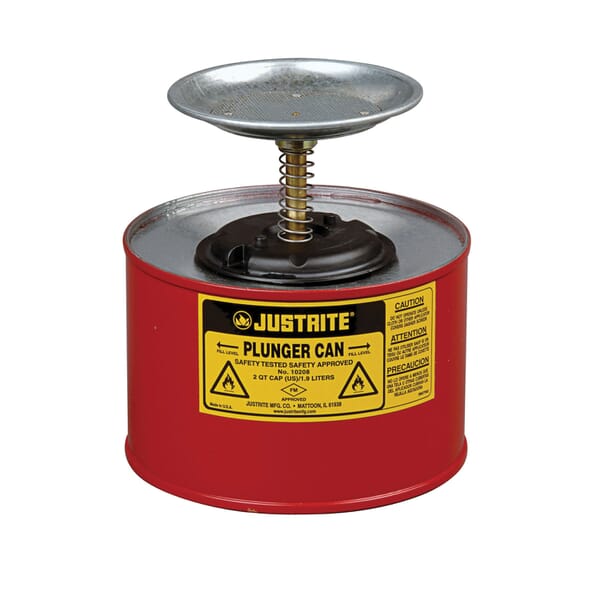 Justrite 10208 Plunger Dispensing Can, 2 qt, Steel, Red, Brass/Ryton Plunger, 5 in Dia Dasher Plate