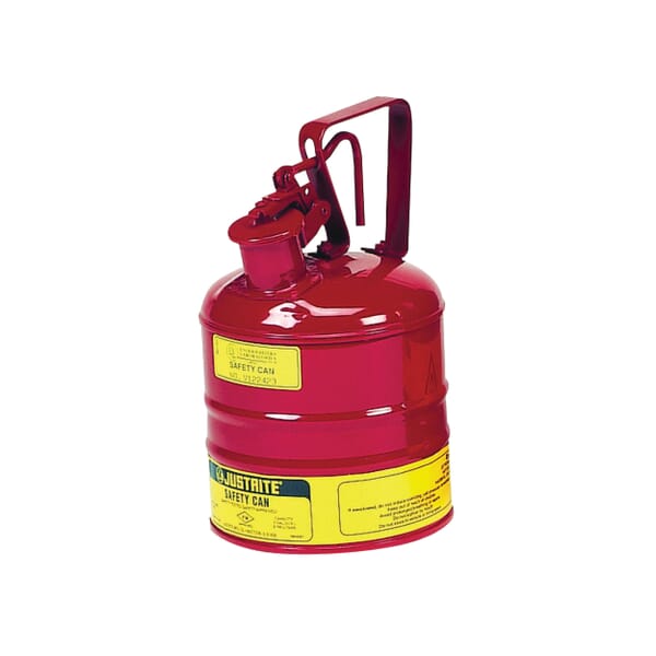 Justrite 10301 Type I Safety Can With Trigger Handle and Stainless Steel Flame Arrester, 1 gal Capacity, 7-1/4 in Dia x 11-1/2 in H, Steel, Red