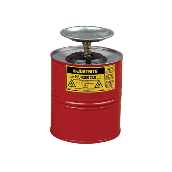Justrite 10308 Plunger Dispensing Can, 1 gal, Steel, Red, Brass/Ryton Plunger, 5 in Dia Dasher Plate
