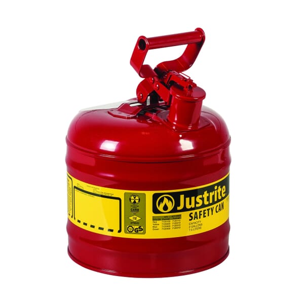 Justrite 7120100 Type I Safety Can, 2 gal Capacity, 11-3/4 in Dia x 13-3/4 in H, Galvanized Steel, Red