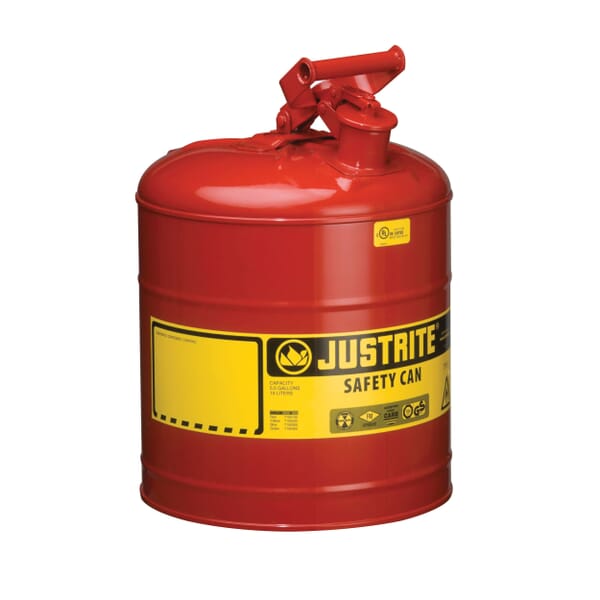 Justrite 7150100 Type I Safety Can With Swinging Handle and Stainless Steel Flame Arrester, 5 gal Capacity, 11-3/4 in Dia x 16-7/8 in H, Steel, Red