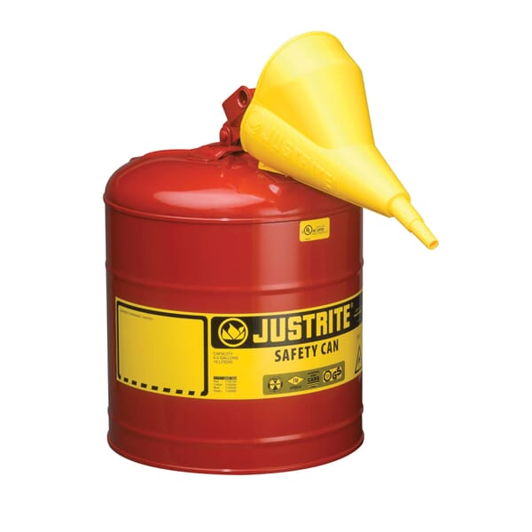 Justrite 7150110 Type I Safety Can With Swinging Handle, Stainless Steel Flame Arrester and 11202Y 1/2 in OD x 11-1/4 in H Polypropylene Funnel, 5 gal Capacity, 11-3/4 in Dia x 16-7/8 in H, Steel, Red