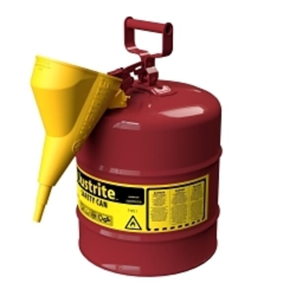 Justrite 7150110 Type I Safety Can With Swinging Handle, Stainless Steel Flame Arrester and 11202Y 1/2 in OD x 11-1/4 in H Polypropylene Funnel, 5 gal Capacity, 11-3/4 in Dia x 16-7/8 in H, Steel, Red