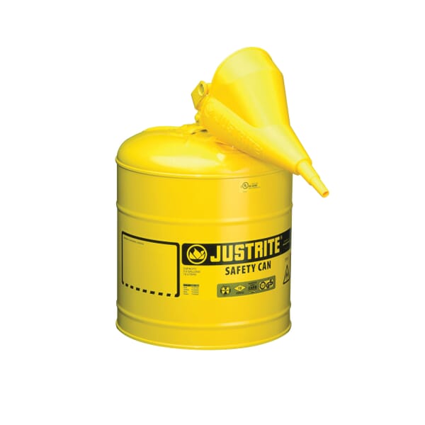 Justrite 7150210 Type I Safety Can With Swinging Handle, Stainless Steel Flame Arrester and 11202Y 1/2 in OD x 11-1/4 in H Polypropylene Funnel, 5 gal Capacity, 11-3/4 in Dia x 16-7/8 in H, Steel, Yellow