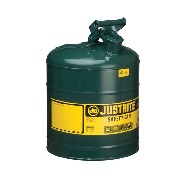 Justrite 7150400 Type I Safety Can With Swinging Handle and Stainless Steel Flame Arrester, 5 gal Capacity, 11-3/4 in Dia x 16-7/8 in H, Steel, Green