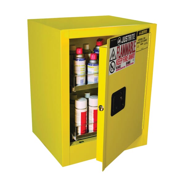 Justrite 890500 Sure-Grip EX Benchtop Flammable Safety Cabinet, 24 Aerosol Can Capacity, U-Loc Handle, 27 in H x 21 in W x 18 in D, Manual Close Door, 1 Doors, 1 Shelves, Cold Rolled Steel, Yellow