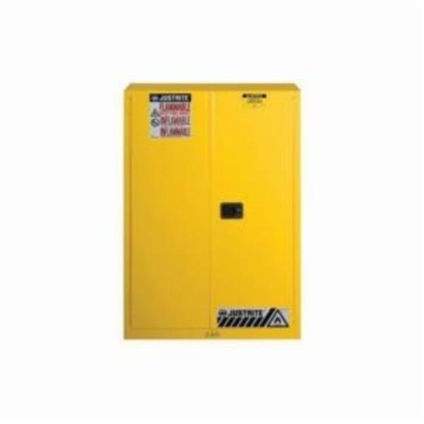 Justrite 894500 Flammable Safety Cabinet, 45 gal Capacity, 65 in H x 43 in W x 18 in D, Manual Close Door, 2 Doors, 2 Shelves, Cold Rolled Steel, Yellow