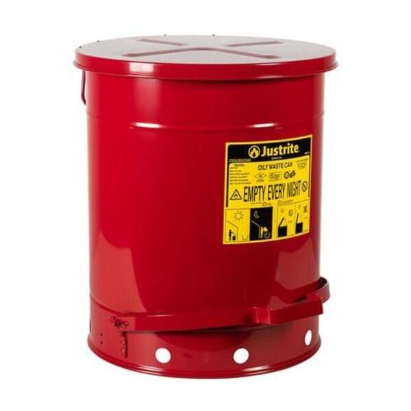 Justrite 09500 Foot Operated Oily Waste Can, 14 gal Capacity, 16-1/16 in Dia x 20-1/4 in H, Galvanized Steel, Red