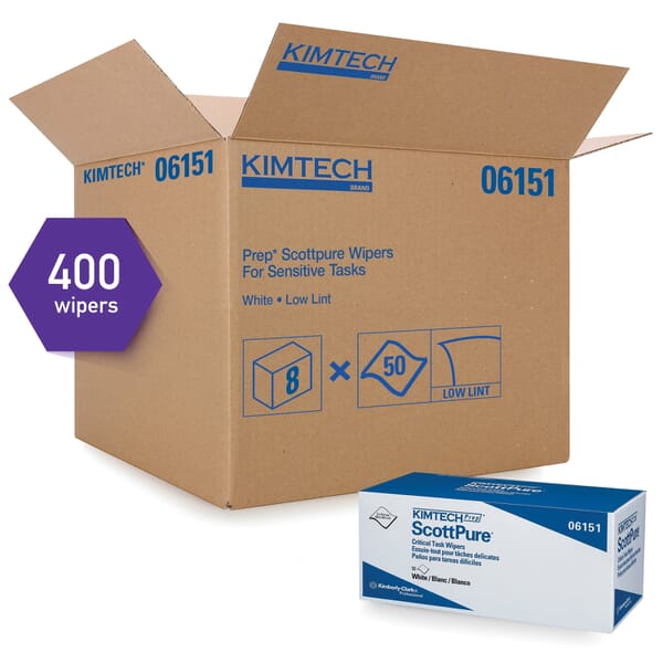 Kimtech* 06151 Critical Task Wiper, 12 in W, 50 Sheets Capacity, Polyester Spunlace/Rayon, White
