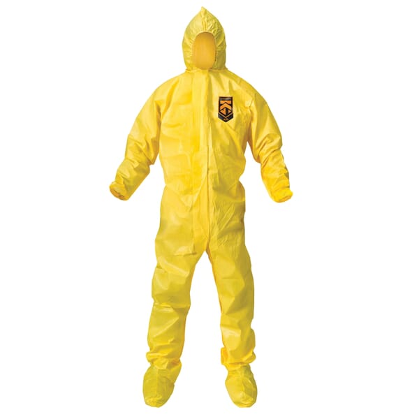 KleenGuard 00686 A70 Chemical Spray Protection Disposable Coverall, 3XL, Yellow, Polyethylene Film/Spunbond Polypropylene, 27 in Chest, 29-3/4 in L Inseam