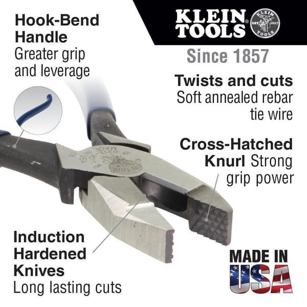 Klein D201-7CST Square Nose Standard Ironworkers Plier With Spring, 1-9/32 in L x 1-5/32 in W x 1/2 in THK Steel Jaw, 9-1/4 in OAL