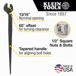 Klein 3220 Erection Open End Wrench, 13/16 in Wrench, 60 deg Offset, 14-3/4 in L, Forged Alloy Steel, Industrial Black