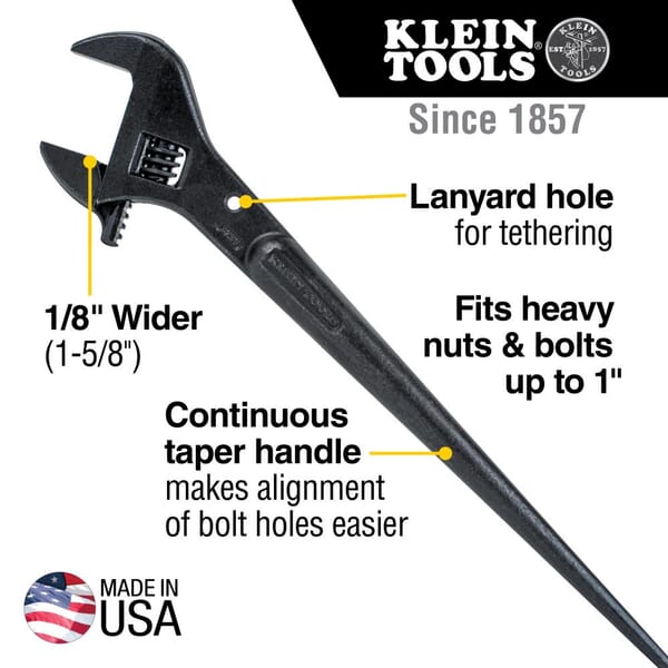 Klein 3239 Adjustable Construction Wrench, 1-1/2 in Spud Handle Wrench, Black Oxide, 16 in OAL, Alloy Steel