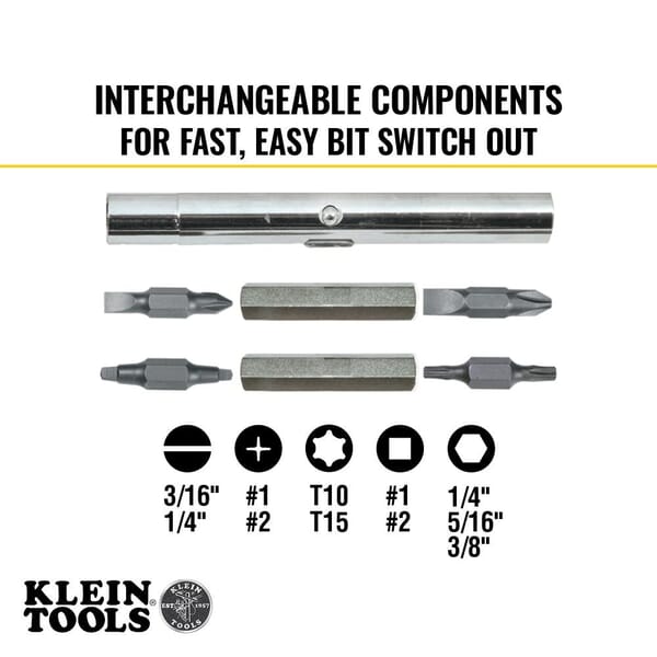 Klein 32500 11-in-1 Multi-Bit Screwdriver, 6 Pieces, #1, #2, 3/16 in, 1/4 in, T10, T15 Range, Cushion Grip Handle, Steel, ASME Specified