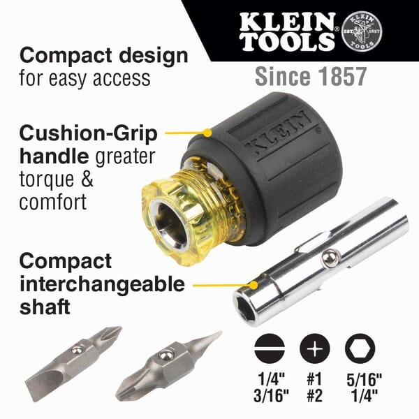 Klein 32561 6-in-1 Multi-Bit Screwdriver, 4 Pieces, Cushion Grip Handle, Steel