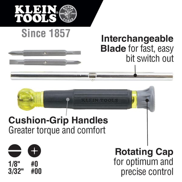 Klein 32581 4-in-1 Rotating Electronic Screwdriver With Rotating Cap, 3 Pieces, Cushion Grip Handle, Steel